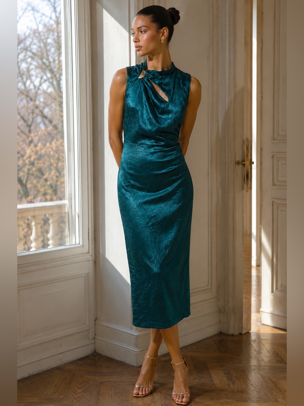 Zara Draped Teal Satin Midi Dress | Screen Worn on Interview with the Vampire S